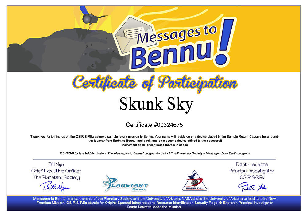 Skunk Sky name towards Bennu asteroid