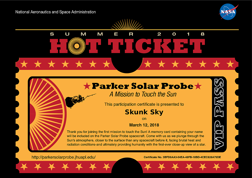 Skunk Sky name on Parker Solar Probe